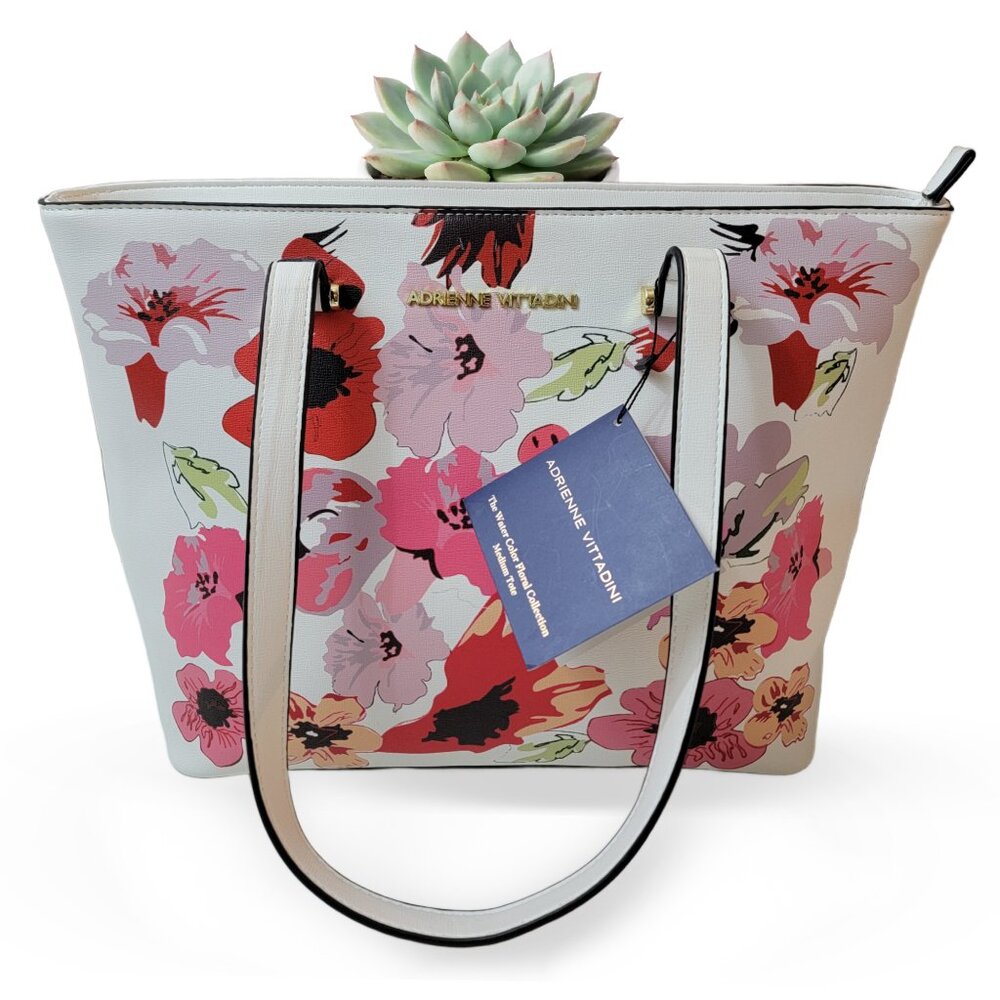 NWT Adrienne Vittadini Watercolor Floral Medium Tote | White Floral Bag